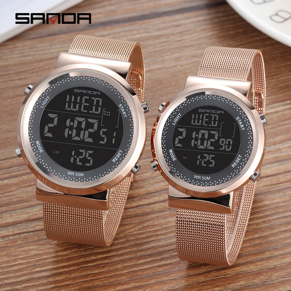 Часы наручные SANDA для мужчин и женщин парные кварцевые золотистые из нержавеющей