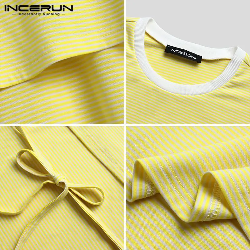 

INCERUN Men Casual Striped Muslim Robes Long Sleeve O Neck Patchwork Jubba Thobe Fashion Lace Up Suadi Style Men Clothing 5XL 7