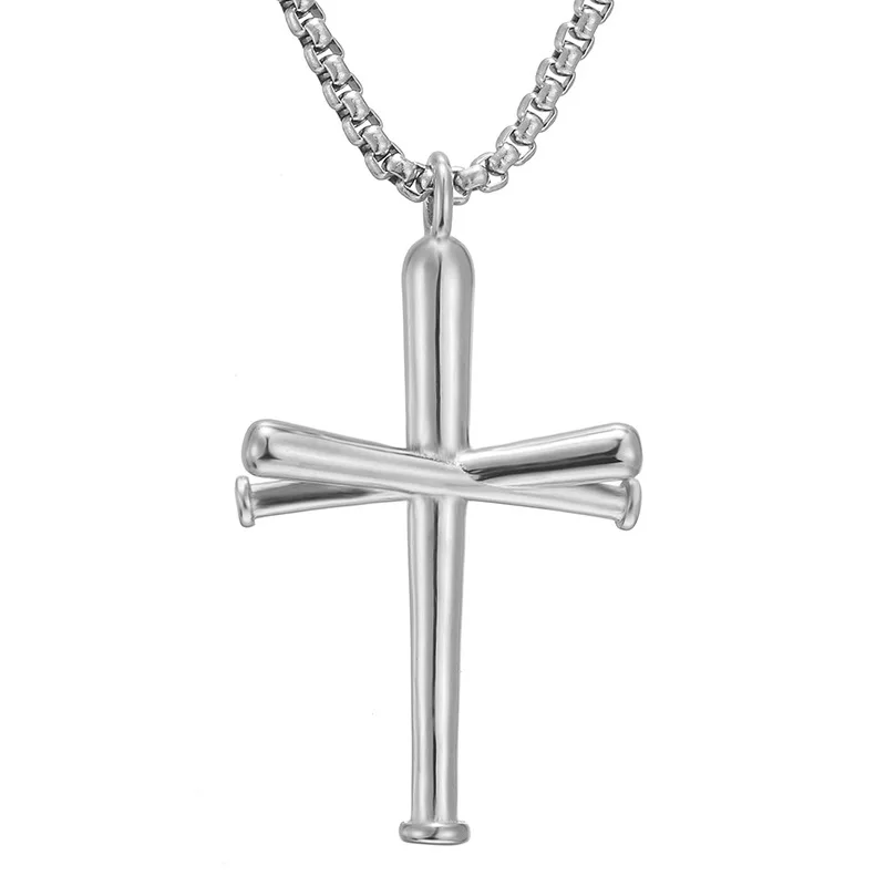 

European And American New Men's Sports Baseball Bat Stainless Steel Trend Cross Pendant Hip Hop Necklace