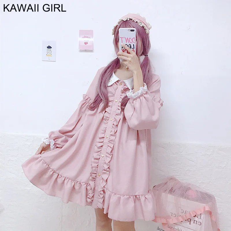 

Женское розовое платье в стиле "Лолита" Kawaii Girl, новинка весны 2022, однобортное платье-рубашка с длинным рукавом и кукольным воротником и оборк...
