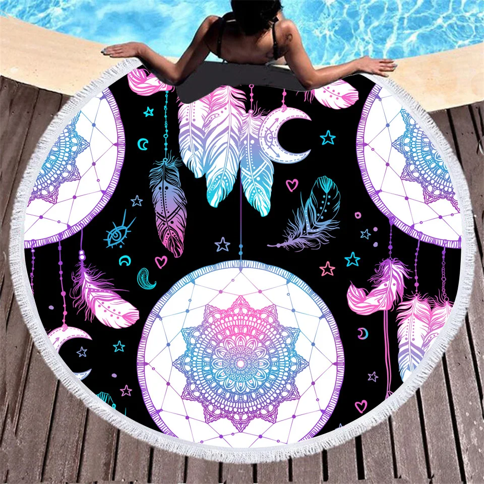 

3D New Cross-Border Dream Catcher Feathered Print Microfiber Round Beach Towel With Fringe Bath Towel