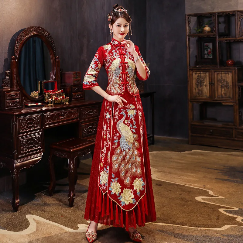 FZSLCYIYI Red Chinese wedding married dress High Quality Embroidered Peacock men women Traditional Wedding Hanfu ancient costume