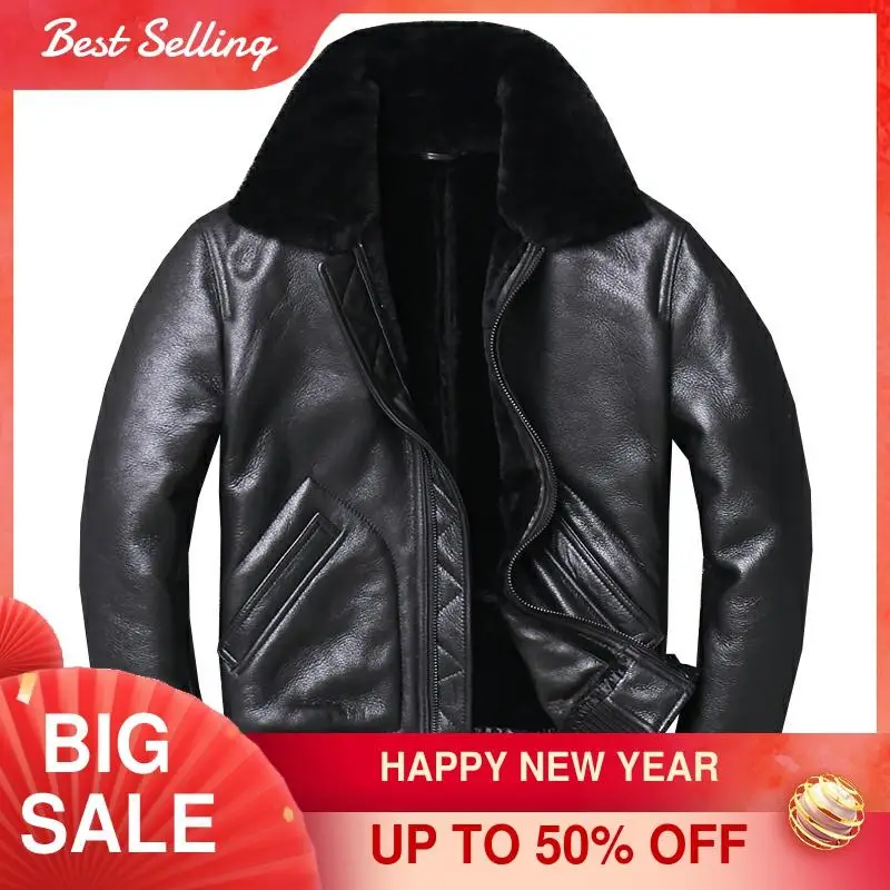 

2021 Black Men Military Pilot Shearling Jacket Plus Size XXXXL Slim Fit Winter Thick Russian Aviator Genuine Coat FREE SHIPPING