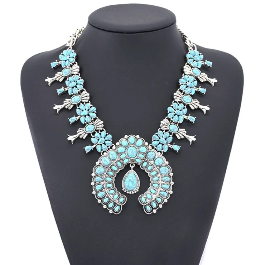 

Trendy Silver Plated Alloy Stackable Green Turquoises Stone Pendant Link Chain Necklace Statement Jewelry