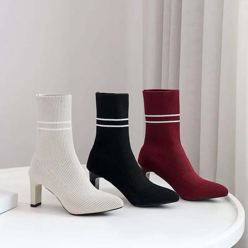 

Women's Ankle Boots, Personalized Red High-heeled Booties Shoes, Fashionable Elastic Sock Boots with Stripes