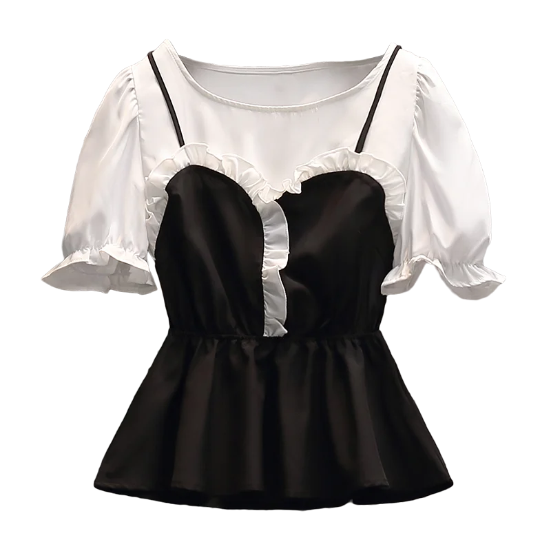 

Plus Size L-4XL 2021 Women Summer Elegant Fashion Ruffles Patchwork Black Shirts Flare Sleeves Blouse Casual Loose Shirt Tops