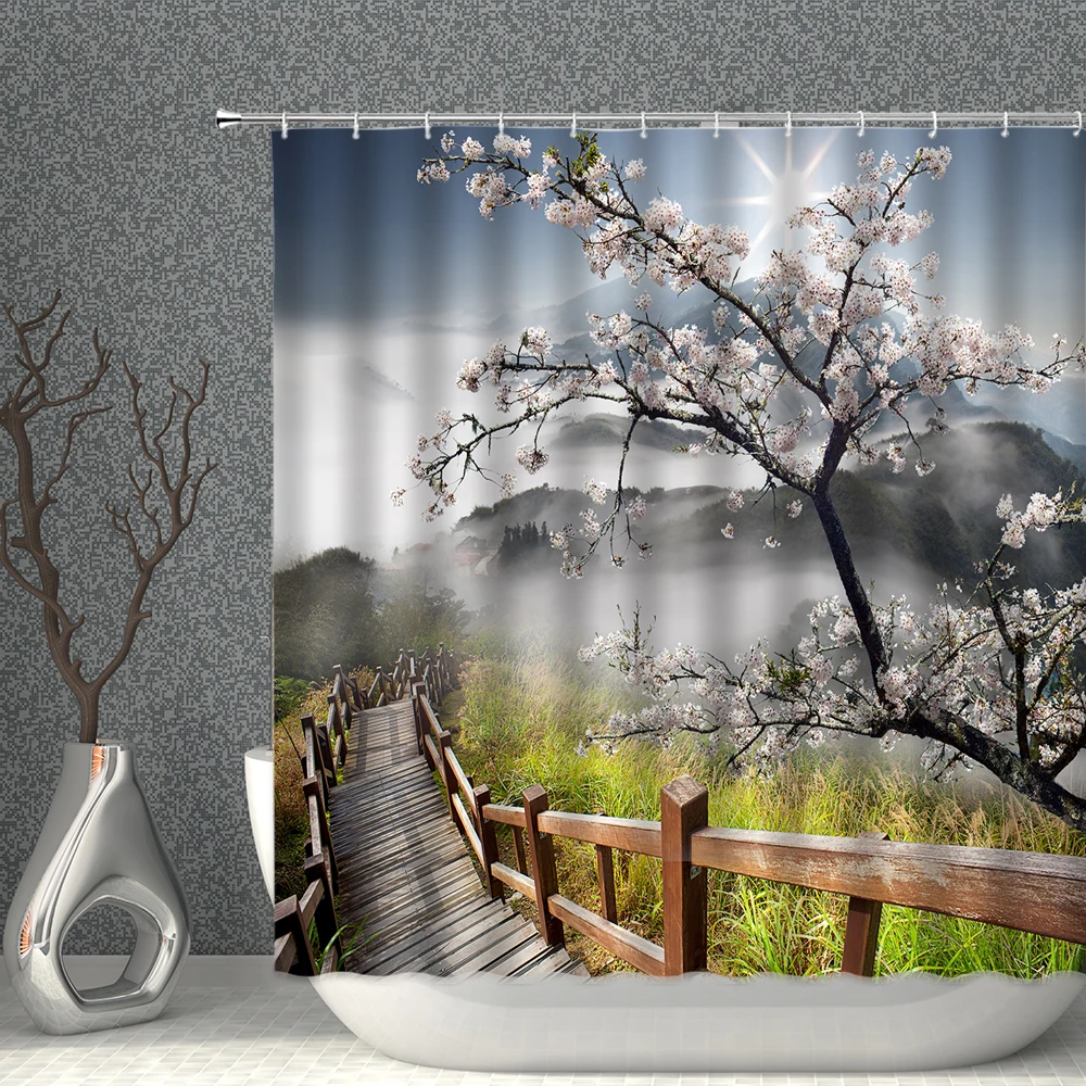 

Natural Scenery Shower Curtain Forest Grass Path Railway Household Bathtub Decoration Polyester Fabric Waterproof Background