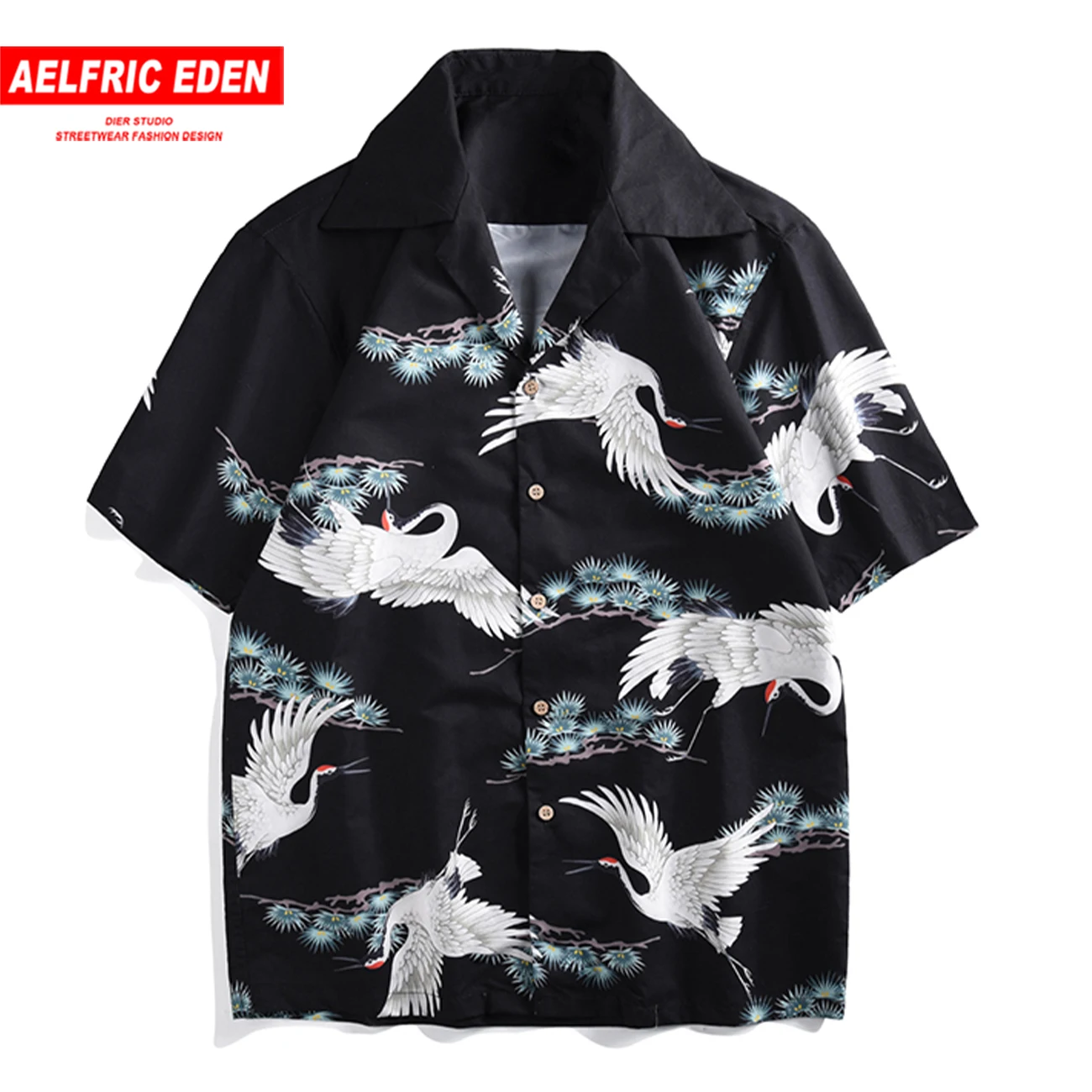 Рубашка мужская оверсайз в стиле хип-хоп с принтом журавлей хлопковая уличная