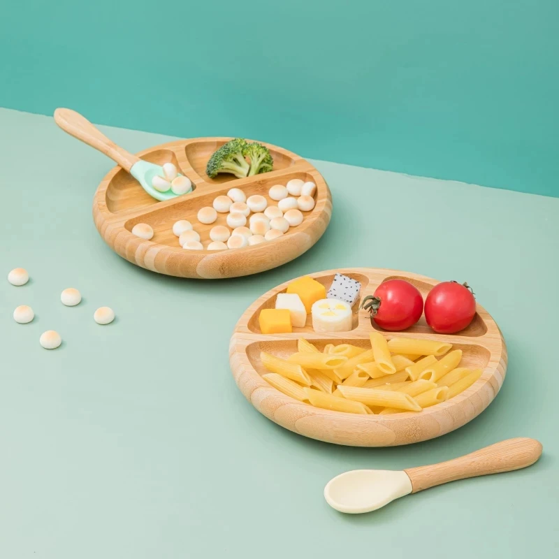 Baby Dinner Plate Baby Feeding Bowl Wooden Kids Feeding Dinnerware With Silicone Suction Cup Wooden Fork Spoon Children's Dishes