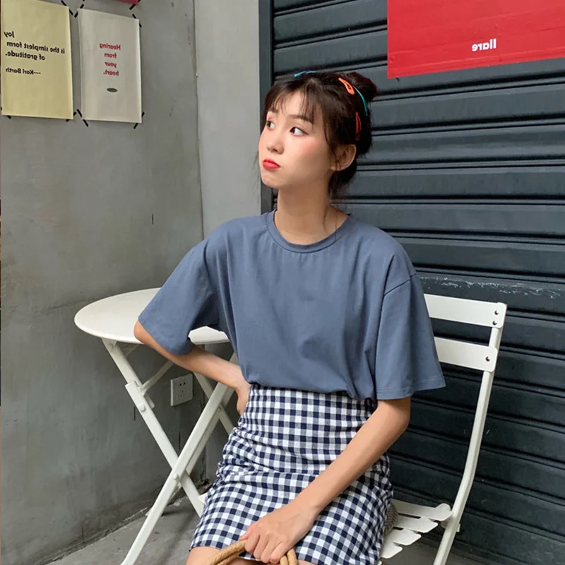 

Женская футболка с круглым вырезом, однотонная Модная брендовая майка в Корейском стиле для девушек, верхняя одежда, лето 2021