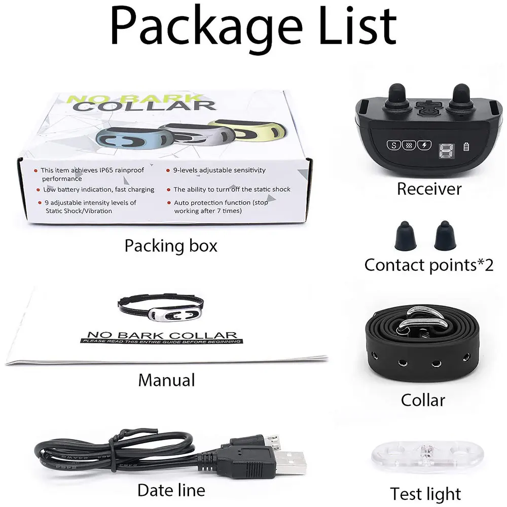 

Anti Bark 9-Level Dog Training Collar Rechargeable Waterproof Barking Vibration Electric Shock Buzzer Mode Pets Supplies