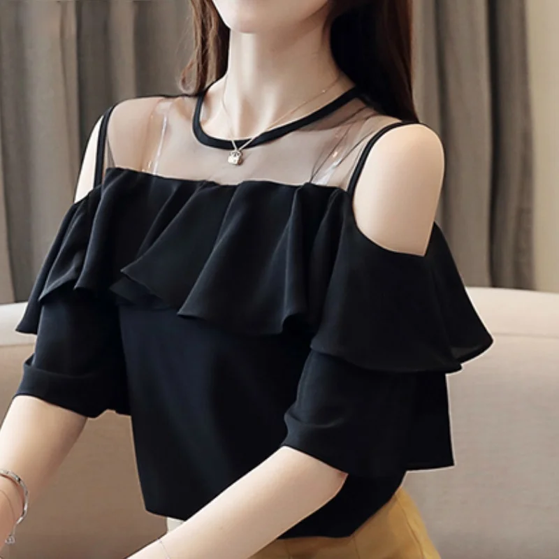 

Plus Size Womens Tops Blouses Summer Women Clothing Blouses White Blouse Short Sleeve Chiffon Blouse Women Shirt Off Shoulder