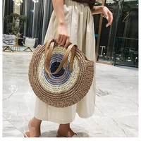 large capacity round zipper fashionable straw woven bag handmade summer beach travel holiday women bags