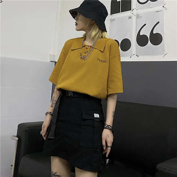 

Hipster Ins Loose Knitted Turn-down Collar T Shirts Casual Summer Style Oversize Ladies Tops Korean Clothes Ulzzang Fashion Tees