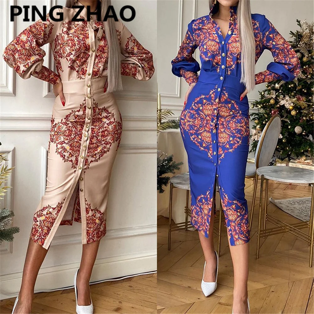 

Женское платье с цветочным принтом, однобортное, с длинным рукавом