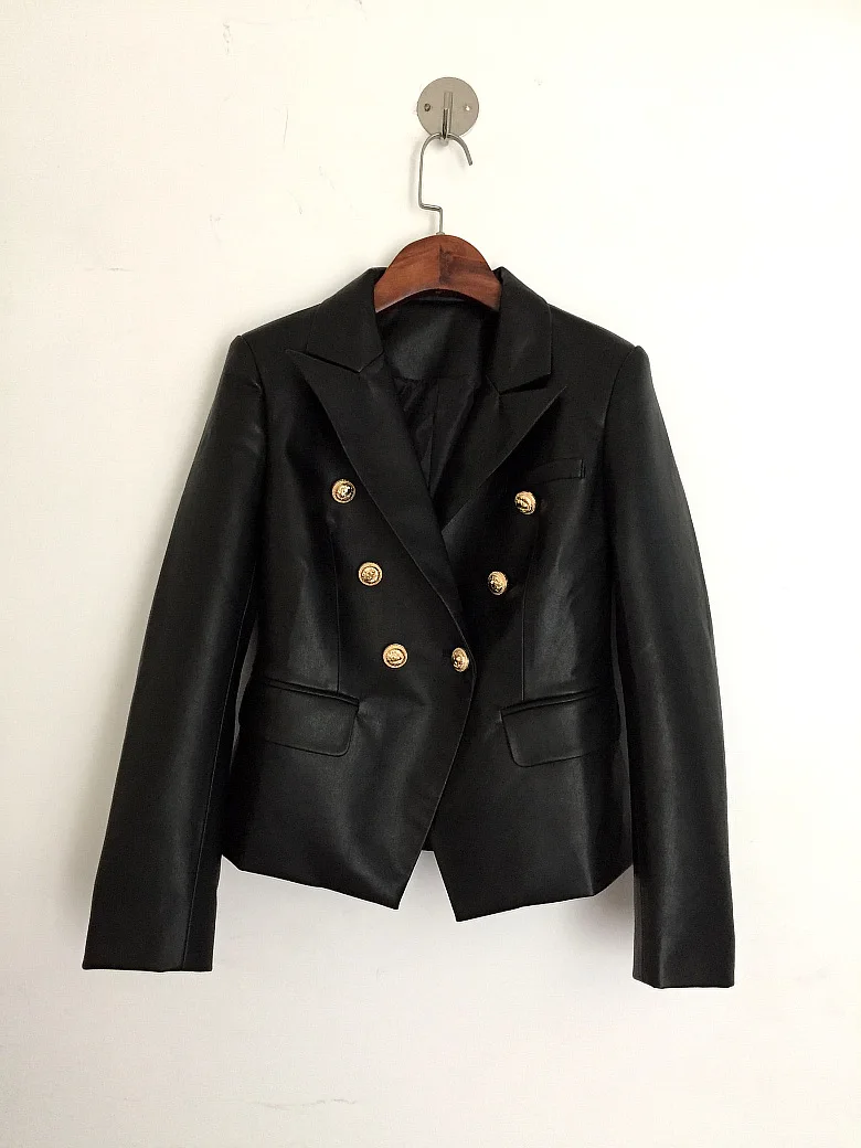 

2020 New High Quality Synthetic Leather Blazer Jacket Lion Head Metal Buckle Double-breasted Slim Suit Leather Coats AS1751