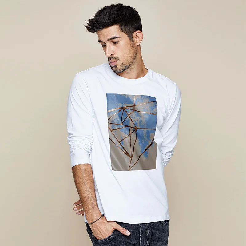 KUEGOU 2020 Весна 100% хлопок Принт Обычная синяя футболка мужская брендовая с длинным