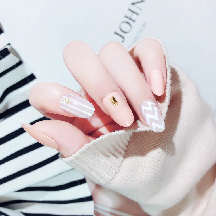 

New Arrival 24pcs Pink Lady Wedding Fake Nails Full Cover Long Round Head False Nails faux ongles with Glue Sticker