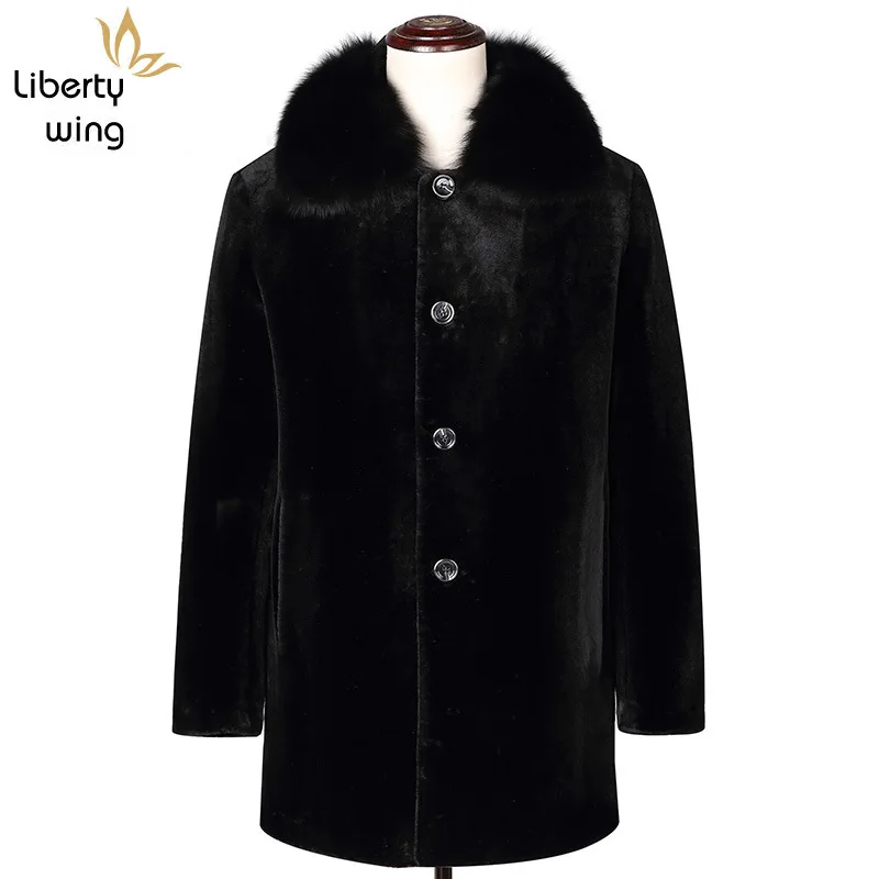 Роскошные мужские пальто из овчины лисы зимние деловые однобортные шерстяные
