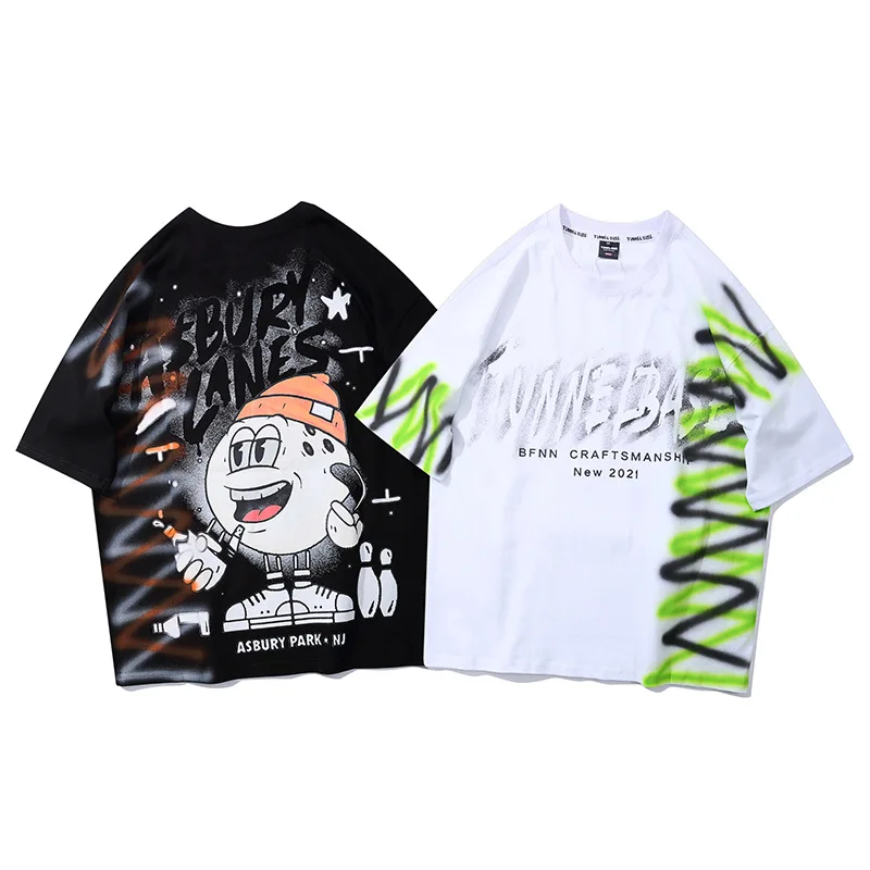 

American high street trendsetter hip hop printed T-shirt Street loose cartoon line graffiti Short Sleeve Tee men and women