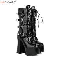 winter women mid calf motorcycle boots punk style size 3546 gothic black platform shoes chunky high heels pu leather footwear