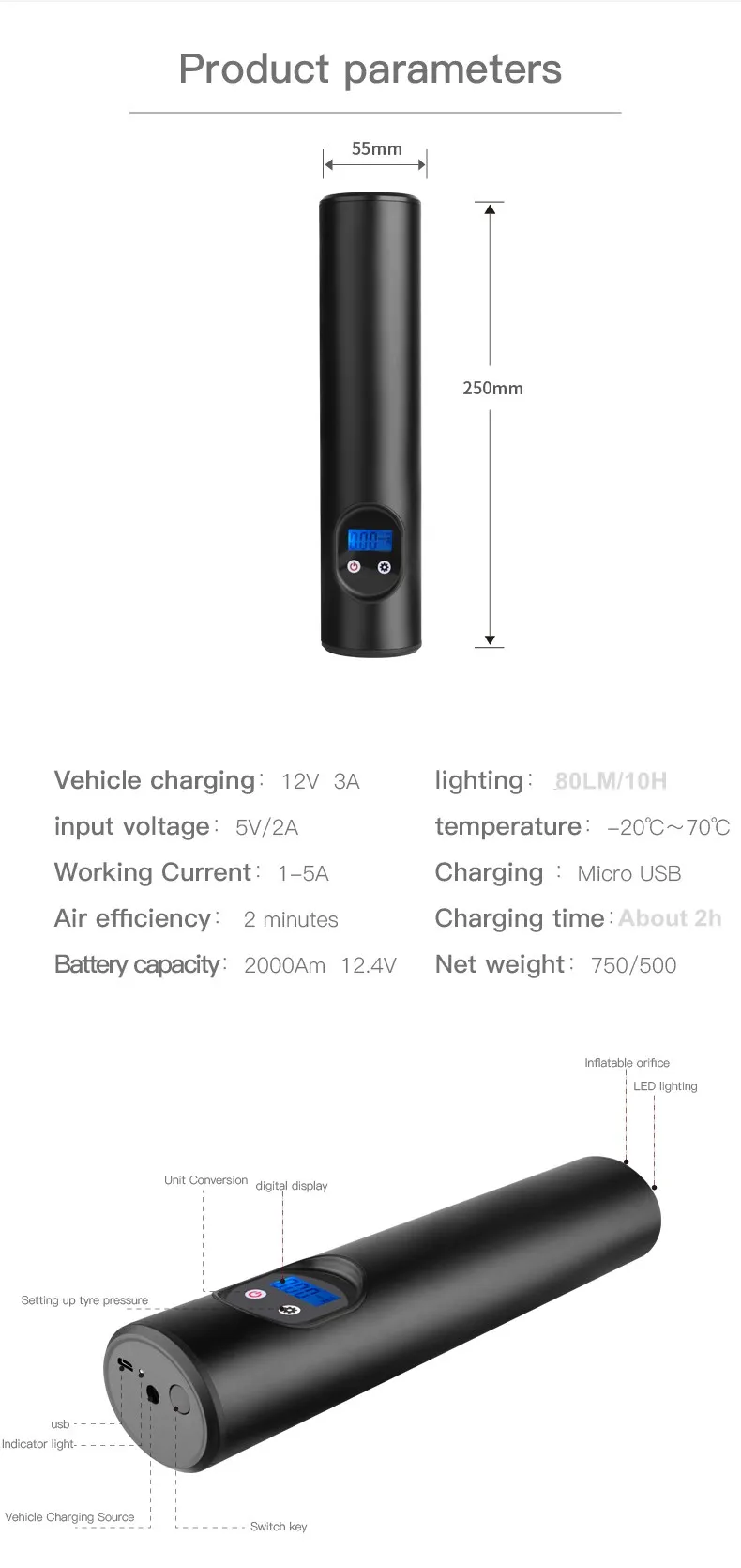 Портативный беспроводной воздушный насос с ЖК-дисплеем USB автомобильный компрессор 12 в быстро надувающийся проводной автомобильный компрессор 150 фунтов/кв. дюйм для шин и велосипедов