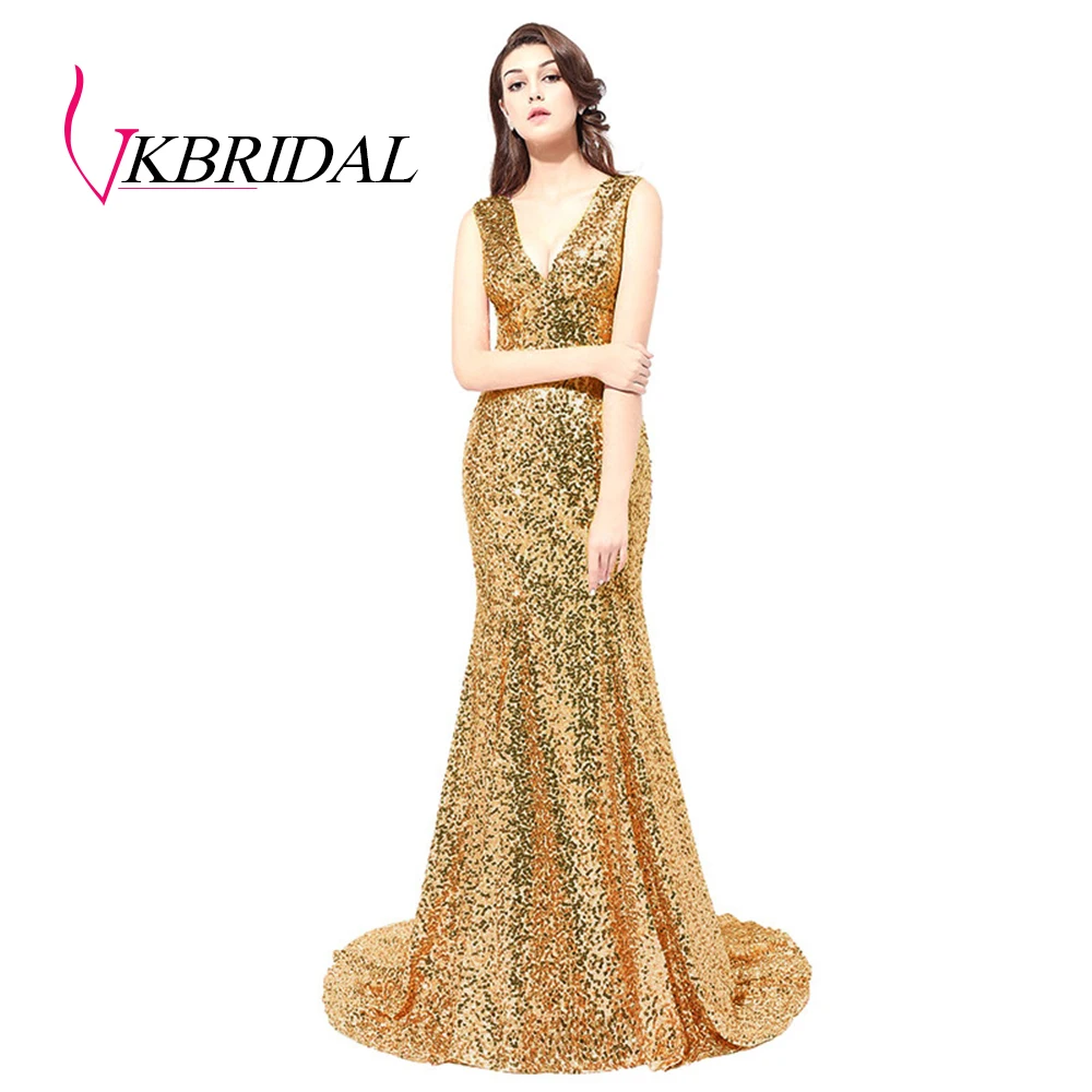 VKBRIDAL платье подружки невесты с v образным вырезом длинное в пол Золотое для