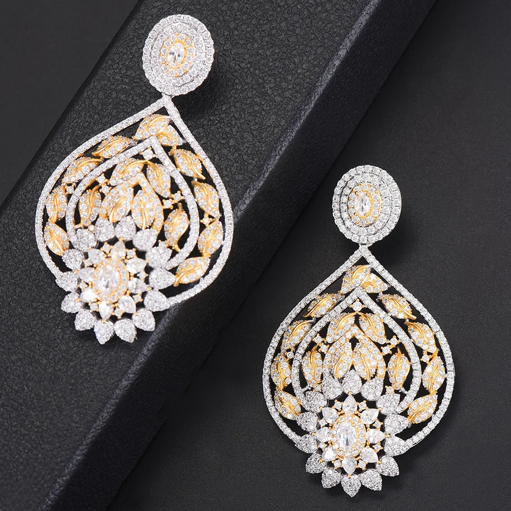 

Kellybola Trendy Women Flower Round Nigerian Big Dangle Earrings Cubic Zirconia Inlaid Drop Earrings Fashion Jewelry 2021 New
