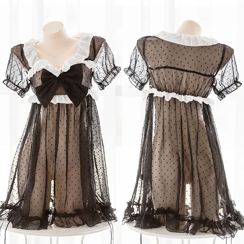 Черная пикантная Милая шифоновая прозрачная пижама в горошек с бантом платье