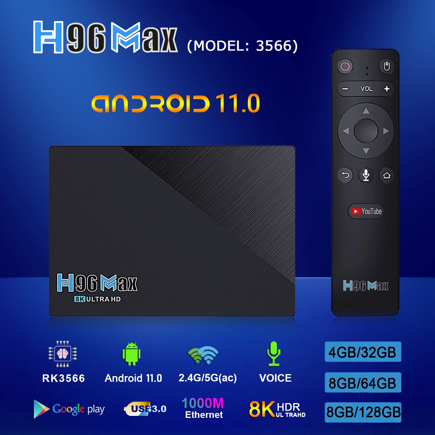h96 max 3566 android 11 tv box ddr4 8gb ram 128gb rom rk3566 8k bt voice control 5g dual wifi 1000m lan 4k youtube media player free global shipping