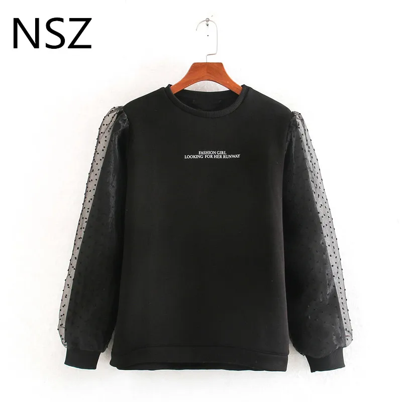 NSZ женские черные из органзы в горошек с рукавами кусков толстовки круглым