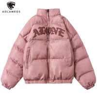 aolamegs winter jacket men letter inkjet embroidery badge streetwear men warm thick zipper harajuku all match parka jackets coat