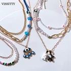Y2K Трендовое ожерелье из смолы медведь бабочка Жемчужное ожерелье женское многослойное Золотое жемчужное ожерелье из бисера для подарка