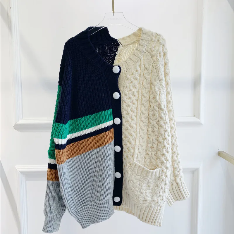 [EWQ] korea style full sleeve Panelled women Knit sweater Vintage Plus Size Thick Warm Cardigan Sweater 2019 autumn new QL19812 |