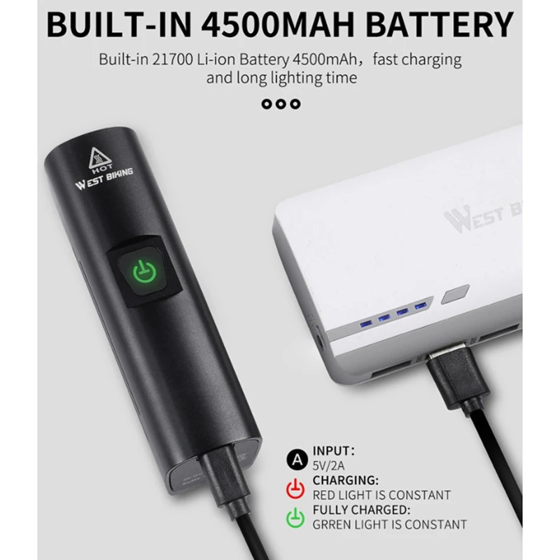 

WEST BIKING 1300 Lumen Bicycle Front Light USB Recharge Cycling Equipment Led Flashlight MTB Scooter Bike Accessories