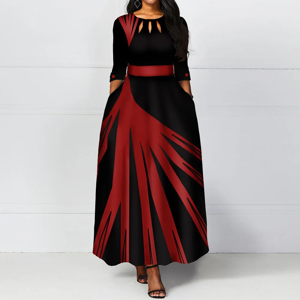 Платье женское длинное винтажное с цветными блоками красное а силуэта карманами