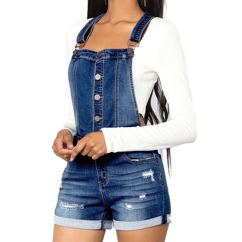 Шорты комбинезон женские джинсовые однотонные с завышенной талией|Комбинезоны c
