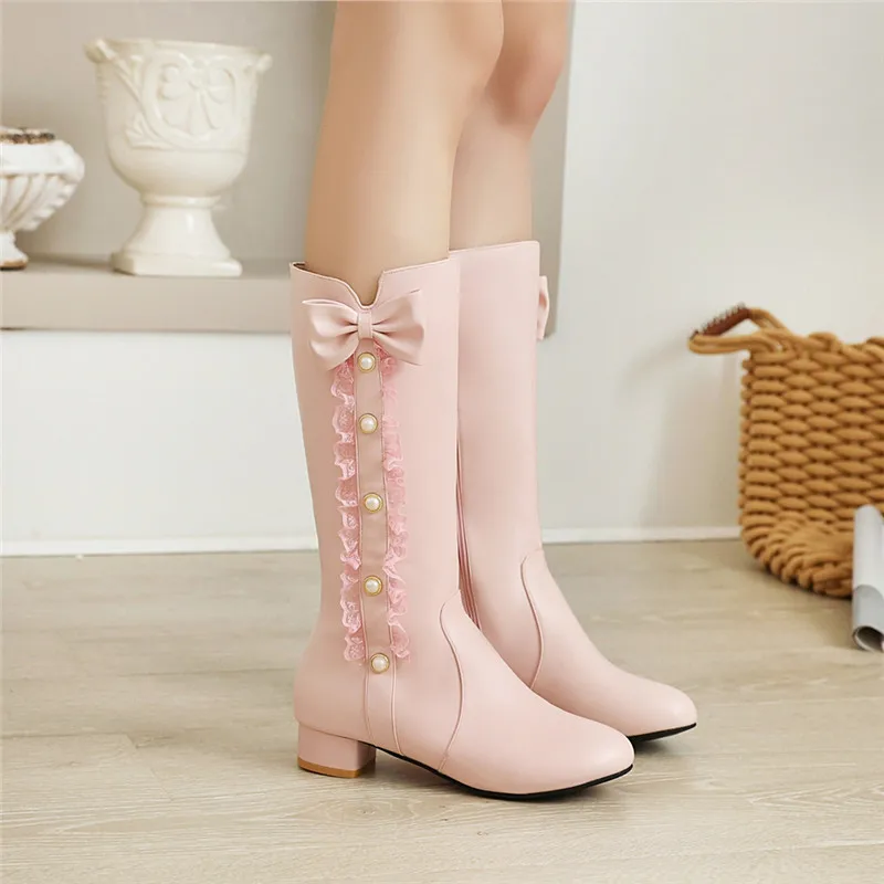 

YQBTDL 2021 Autumn Winter Cosplay Mid Long Boots Women Pink White Black Princess Ruffles Butterfly-knot Chunky Hees Lolita Shoes