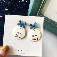 cat round cute funny clip on statement earrings bowknot girls korean earrings