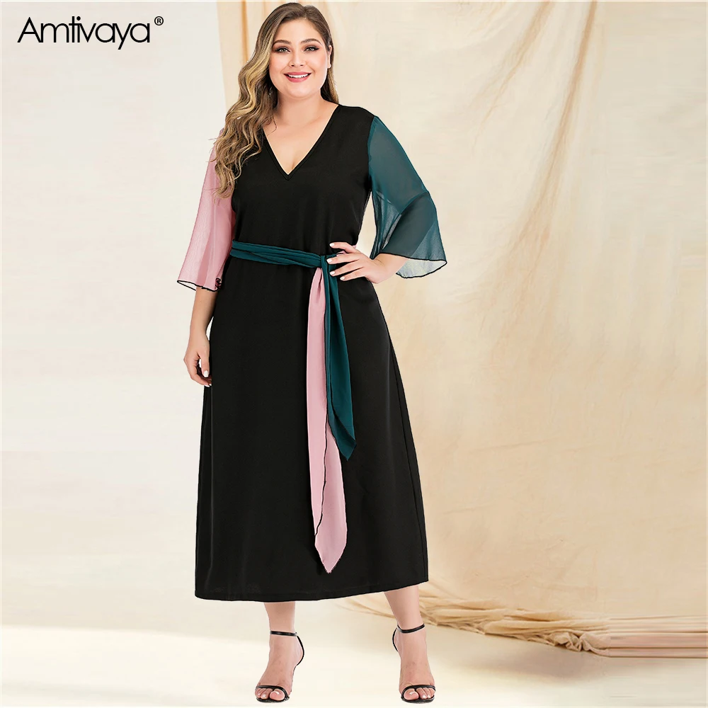 Женское Короткое платье миди Amtivaya цветное большого размера с v образным вырезом