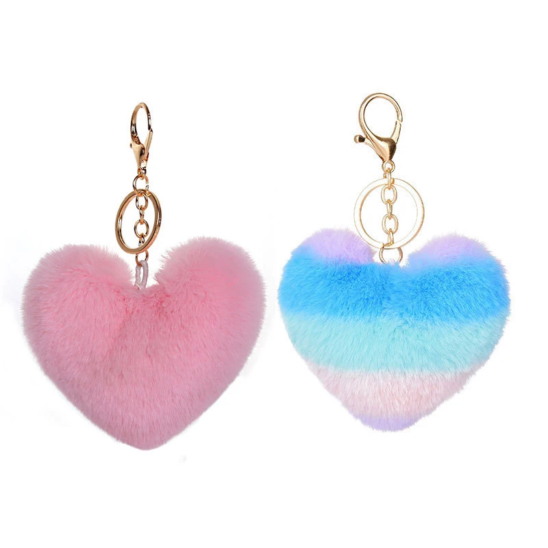

Rainbow Heart Keychain Fake Fur Pompom Key Chain Plush Heart-shaped Pom Pom Pendant Key Rings Women Car Bag Jewelry
