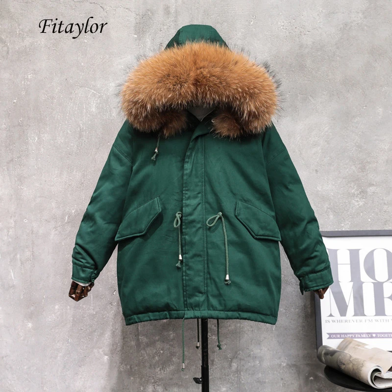 Fitaylor Женский Большой натуральный мех енота зимняя парка на белом утином пуху
