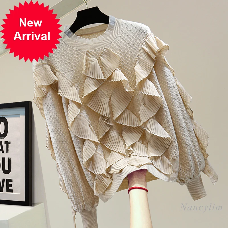 

Pleated Ruffled Blouses Womens Long Sleeves Outerwear Shirt 2021 Autumn Korean Style Slimming Chiffon Stitching Solid Color Tops