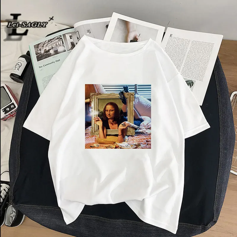Lei SAGLY Mona Lisa smokes женские футболки художественная картина маслом Harajuku Эстетическая ulzzang негабаритная футболка Корейская одежда