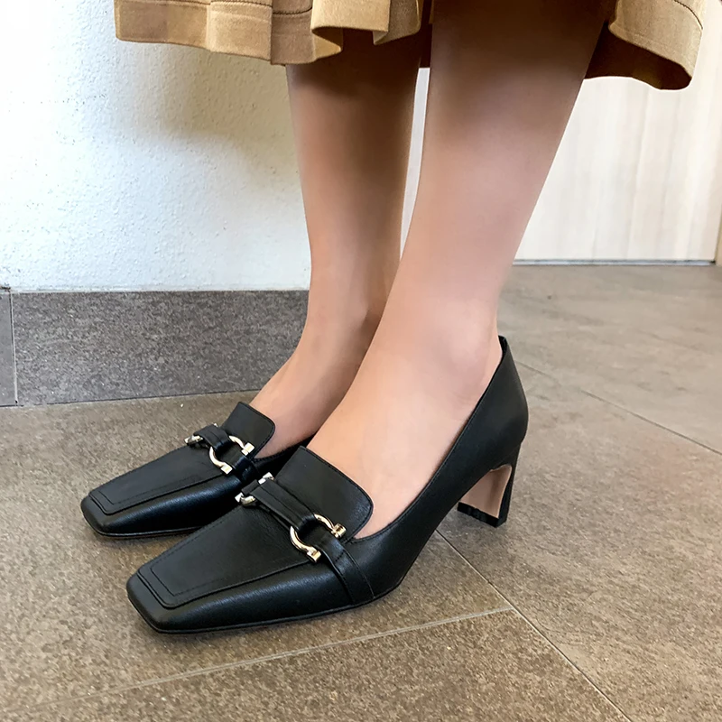 

QUTAA 2021 Genuine Leather Retro Square Toe Basic Women Pumps Spring Autumn Fashion Square Heel Slip On Female Shoes Size 34-40