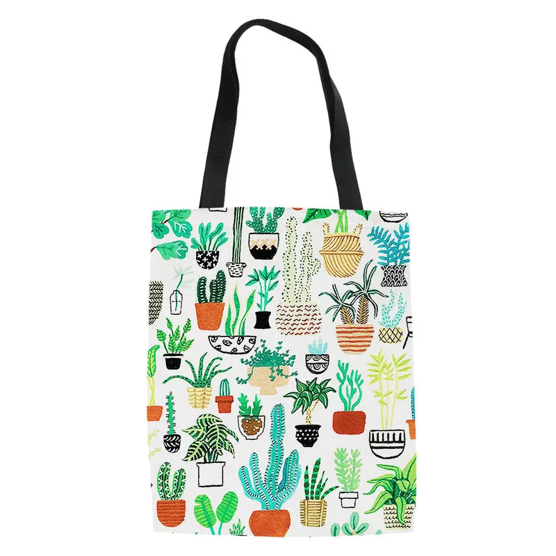

Cartoon Cactus Pineapple Print Foldable Shopping Bags Women Shoulder Shopper Bag Ladies Capacity Travel Storage Blosa Custom