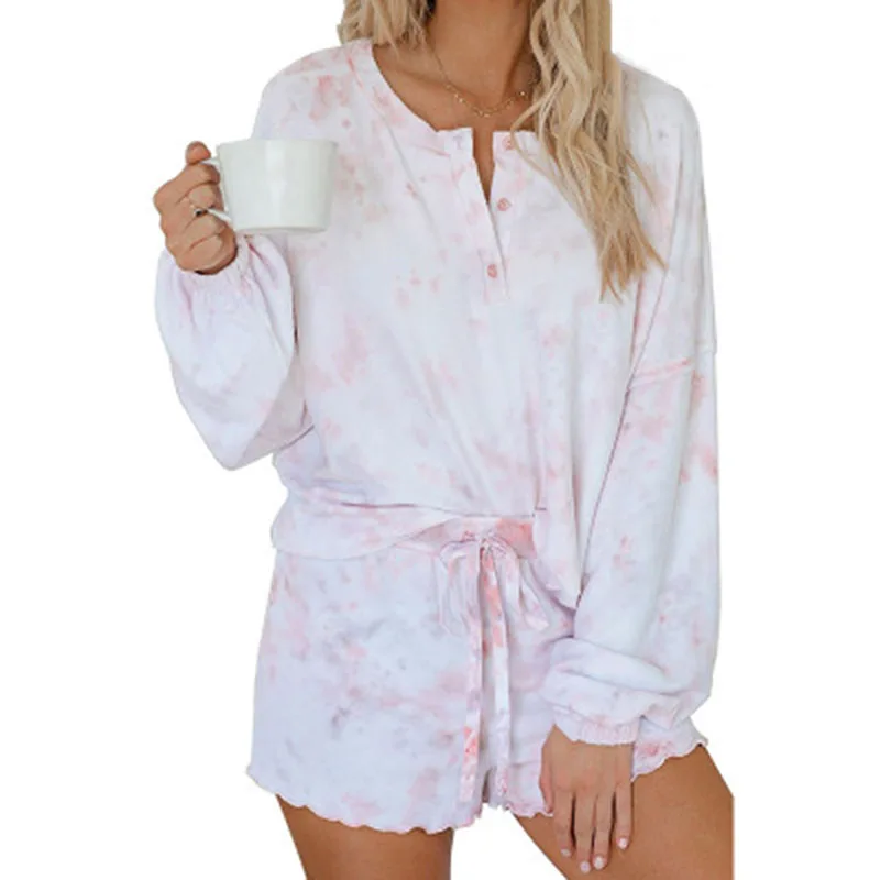 

Ladies Set Summer Tie Dye Long Sleeve Tops Shirt Loose Shorts Casual Two Piece Set Streetwear Outfits Tracksuits Drop Ship