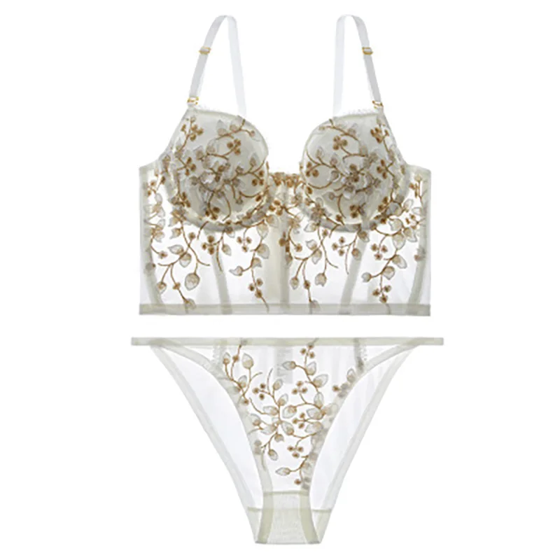 

Embroidered Flower Beautiful Back Sexy Lace Women Underwear Set Soft Steel Ring Small Chest Gathered Vest Style Bra Suit