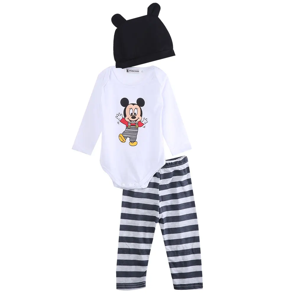 Gray Mickey 3 предмета/партия, Одежда для новорожденных девочек, комбинезон с рисунком мышки, боди с длинными рукавами+ длинные штаны+ шапка, Осенний теплый комплект одежды для близнецов 0-24 месяцев - Цвет: Gray Mickey