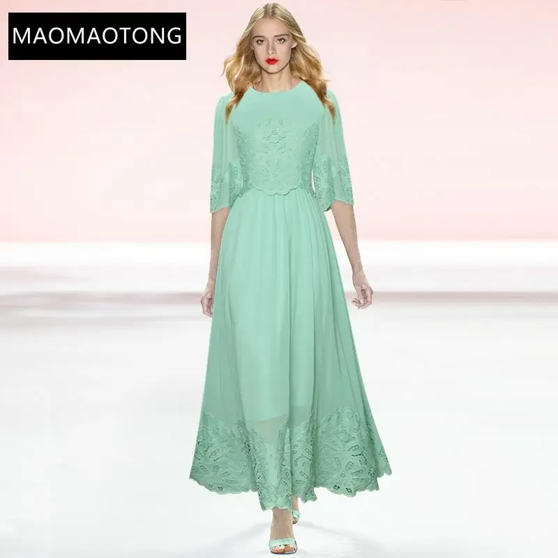 

Fashion Runway Summer Chiffon A-Line Dress Women Lace Patchwork Half Sleeve Hollow Out Solid Party Midi Dress Vestidos